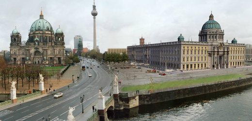 A Stadtschloß látványterve; baloldalon a Berlini Dóm